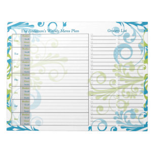Blue Green Floral Weekly Personalised Menu Plan Notepad