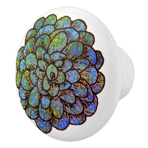 Blue Green Flower Ceramic Knob