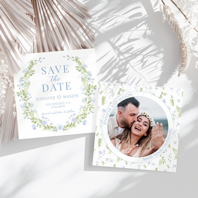 Blue green flower Save the Date photo invitation (Creator Uploaded)