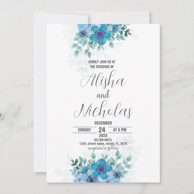 Blue Green Flower Wedding Invitations (Front)