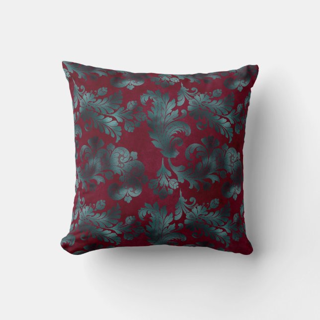 Blue Green Flowers on Wine Red Cushion (Front)