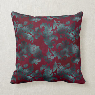 Blue Green Flowers on Wine Red Cushion