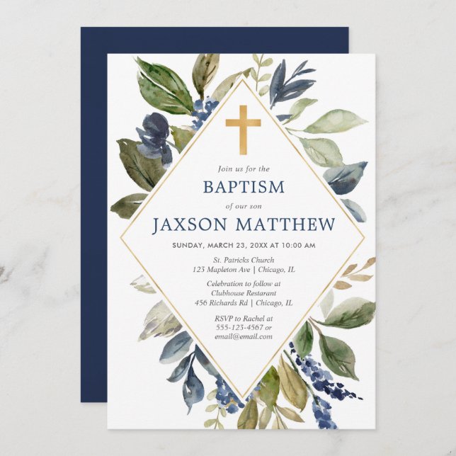 Blue green foliage boy baptism greenery invitation (Front/Back)