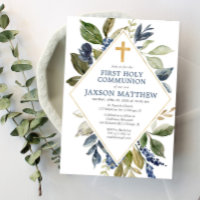 Blue green foliage boy first holy communion