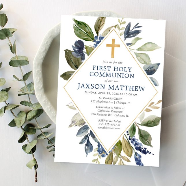 Blue green foliage boy first holy communion invitation (Creator Uploaded)