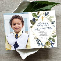 Blue green foliage boy first holy communion photo