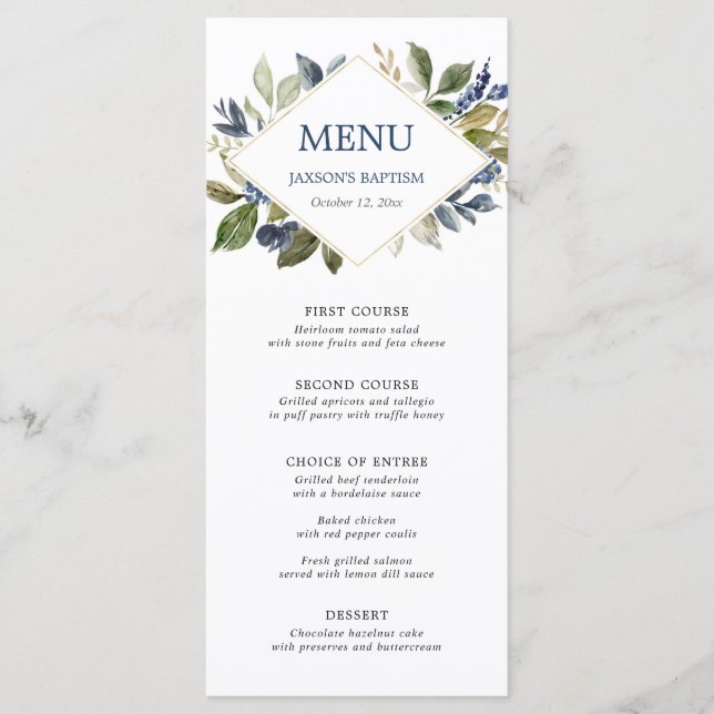 Blue green foliage greenery gold geometric menu (Front)