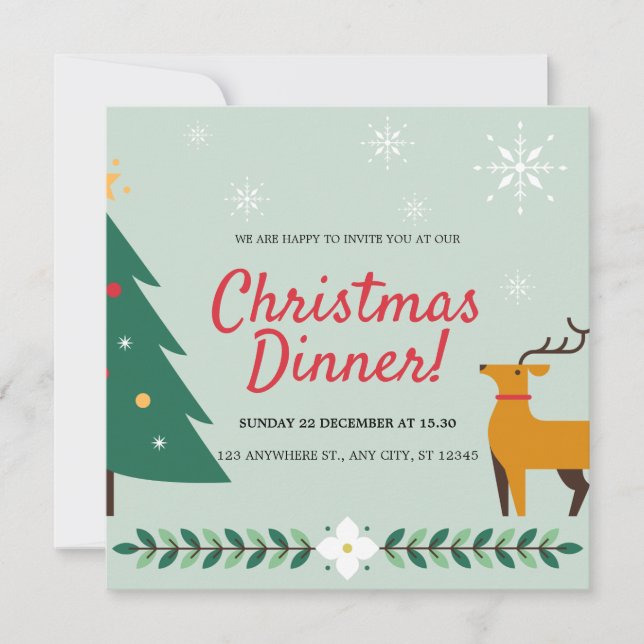 Blue Green Folk Illustration Christmas Dinner Invitation (Front)
