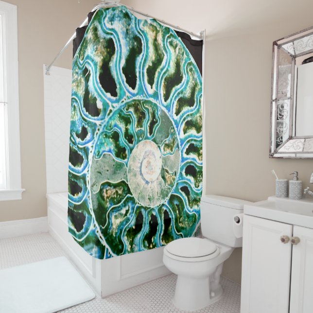 Blue Green Fossil Geode Shower Curtain (In Situ)