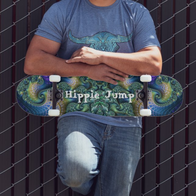 Blue Green Fractal Art Spirals and Skate Trick  Skateboard (Outdoor 3)