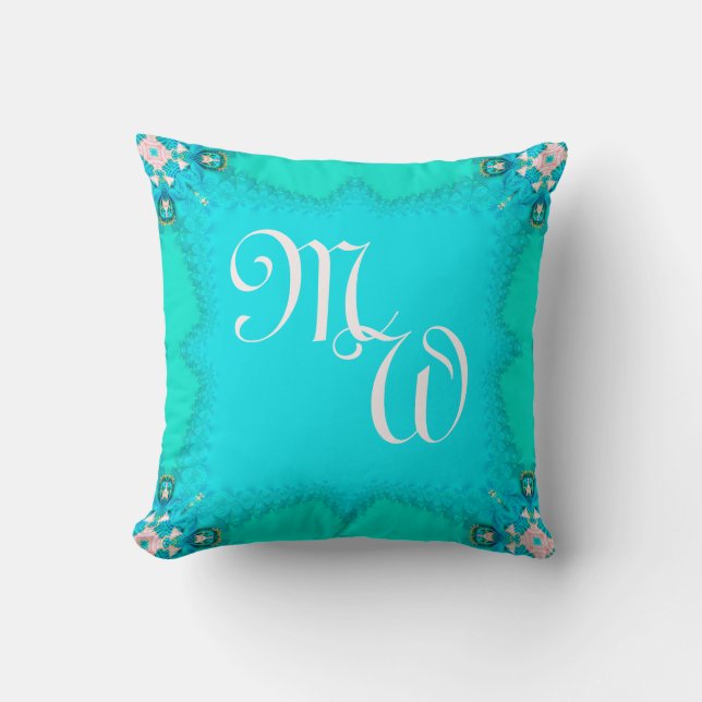 Blue Green Fractal Lace Monograms Cushion Pillow (Front)