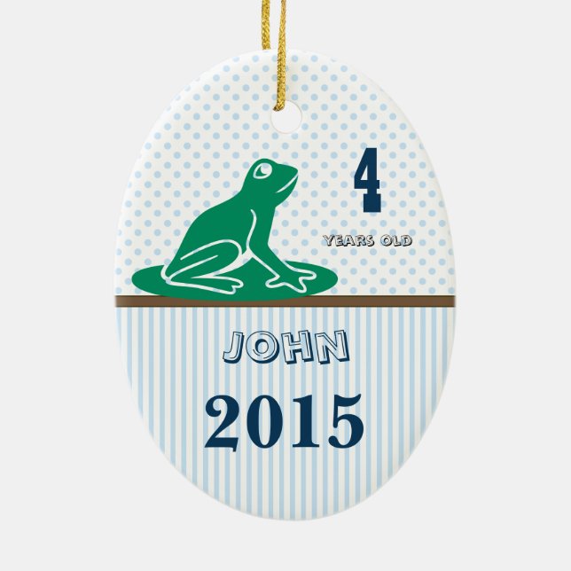 Blue & Green Frog Dot Stripes Photo Ornament (Back)