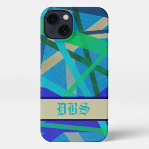 Blue & Green Geometric Pattern Monogram iPhone 13 Case