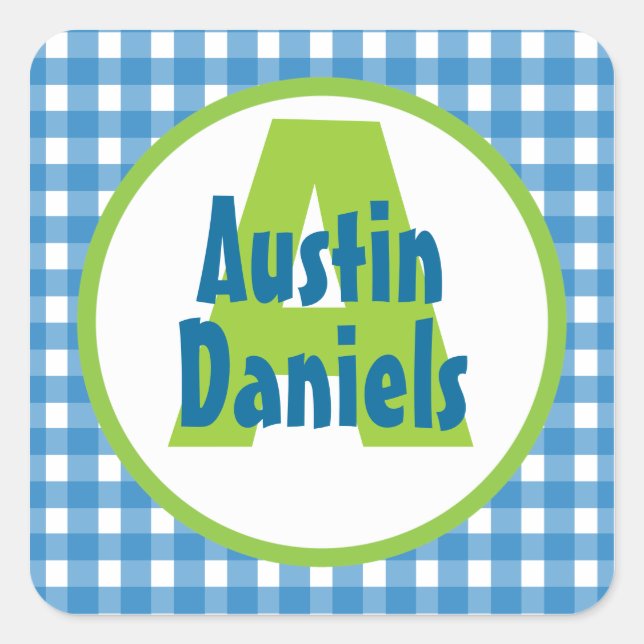 Blue Green Gingham Monogram Personalised Stickers (Front)