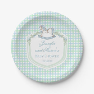 Blue green gingham rocking horse baby boy shower paper plate