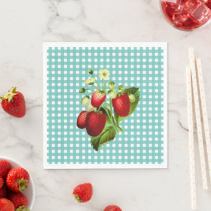 Blue Green Gingham & Strawberries Luncheon Paper Napkin