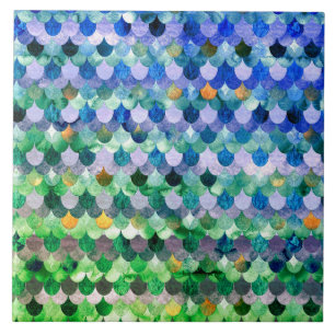 Blue Green Girly Mermaid Fish Scales Ceramic Tile