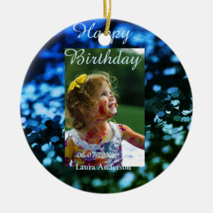 Blue green glitter photo kids birthday modern rust ceramic ornament