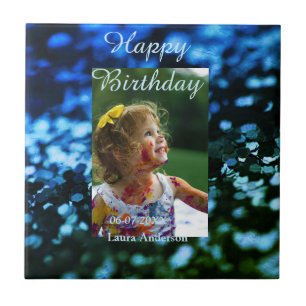 Blue green glitter photo kids birthday modern rust ceramic tile