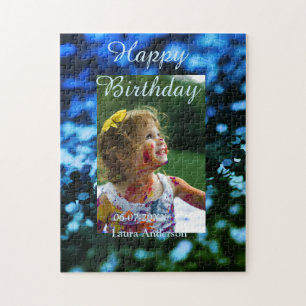 Blue green glitter photo kids birthday modern rust jigsaw puzzle