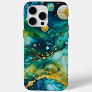 Blue Green Gold Alcohol Ink Cosmos iPhone 15 Pro Max Case