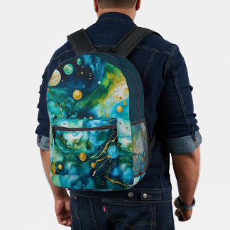 Blue Green Gold Alcohol Ink Cosmos Printed Backpack