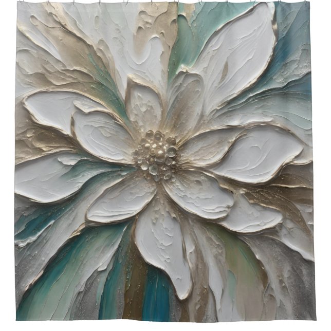 Blue Green Gold and White Abstract Flower Shower Curtain (Front)