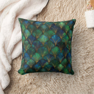 Blue Green Gold Art Deco Geometric Design Cushion