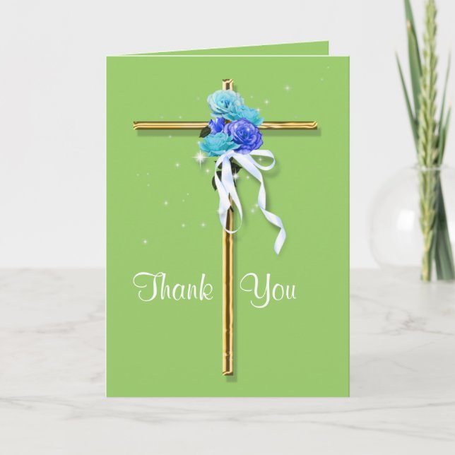 Blue green gold funeral "thank you" thank you card (Front)