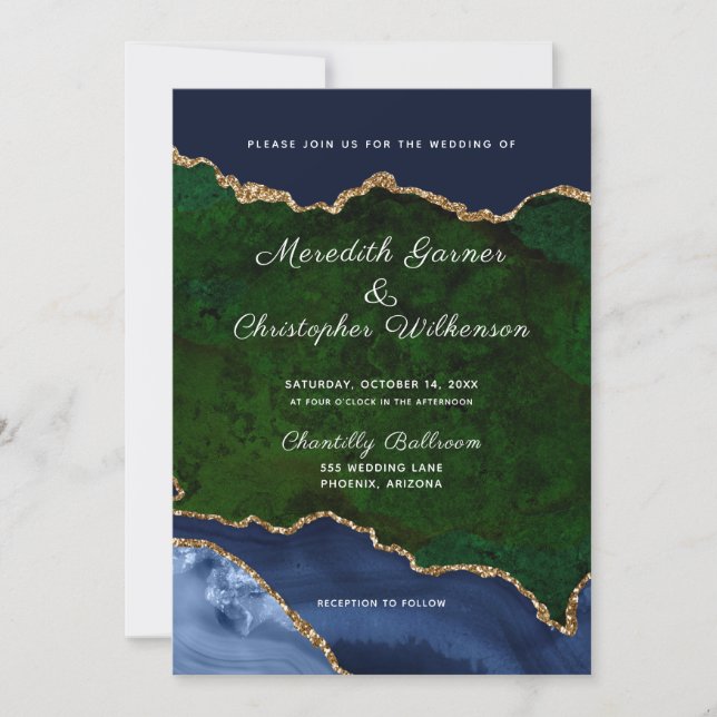 Blue Green Gold Glitter Agate Geode Wedding Invitation (Front)