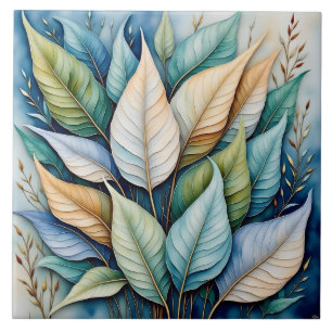 Blue Green gold latte Leaves Ceramic Tile