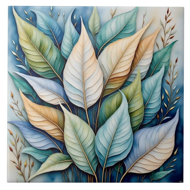 Blue Green gold latte Leaves Ceramic Tile (Front)