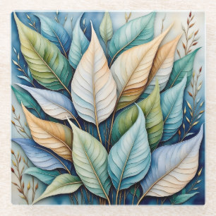 Blue Green gold latte Leaves Glass Coaster