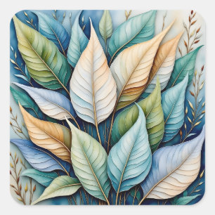 Blue Green gold latte Leaves Square Sticker