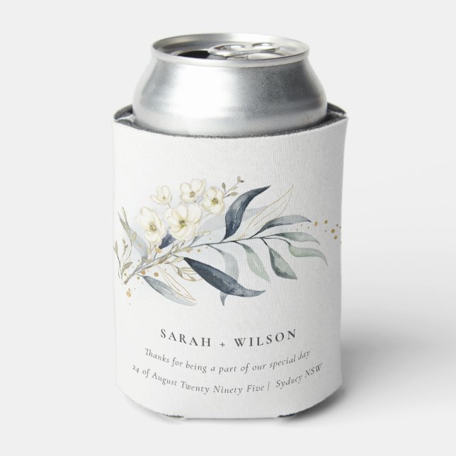 Blue Green Gold Leafy Botanical Floral Wedding Can Cooler (Can Front)