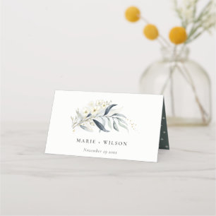 Blue Green Gold Leafy Botanical Floral Wedding Place Card