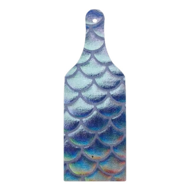 Blue Green Gold Mermaid Scales Holographic Glass Cutting Board (Front)