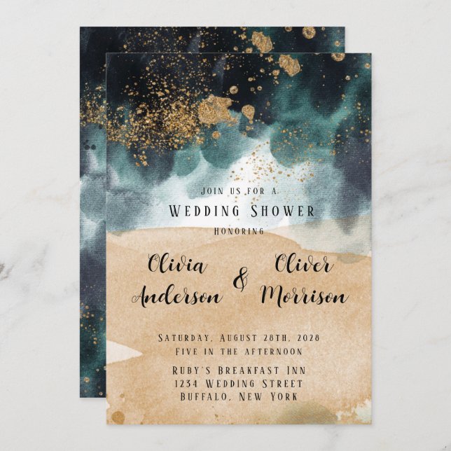 Blue Green Gold Paint Agate Beach Wedding Shower Invitation (Front/Back)