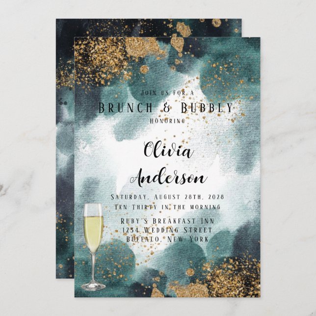 Blue Green Gold Paint Agate Brunch and Bubbly Invitation (Front/Back)