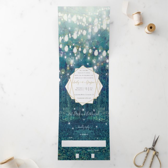 Blue Green Gold Rustic Chic Forest Wedding Tri-Fold Invitation (Inside)