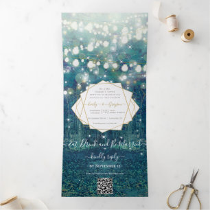 Blue Green Gold Rustic Chic Forest Wedding Tri-Fold Invitation