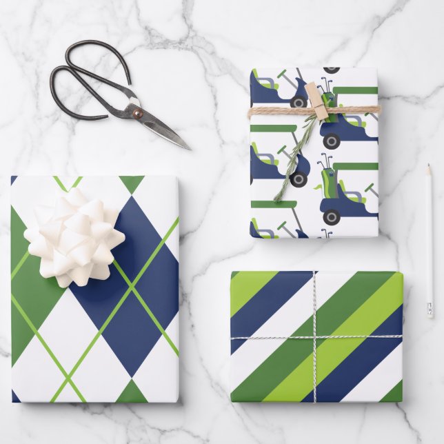 Blue & Green Golf Argyle Stripes Gift Wrap Sheets (Front)
