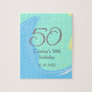 Blue green gray 50th birthday add name date retro jigsaw puzzle