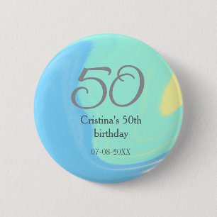 Blue green grey 50th birthday add name date retro 6 cm round badge