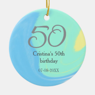 Blue green grey 50th birthday add name date retro ceramic ornament