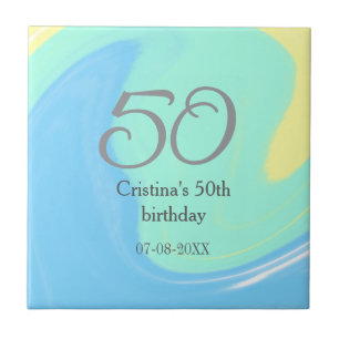 Blue green grey 50th birthday add name date retro ceramic tile