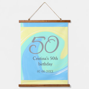 Blue green grey 50th birthday add name date retro hanging tapestry