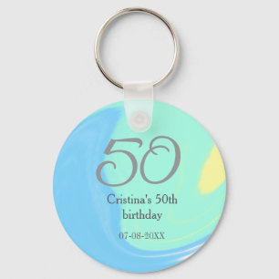 Blue green grey 50th birthday add name date retro key ring