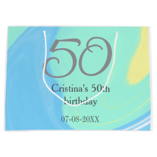 Blue green grey 50th birthday add name date retro large gift bag