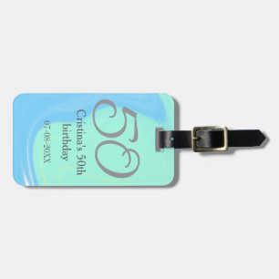 Blue green grey 50th birthday add name date retro luggage tag